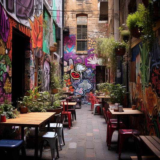Laneway cafe filled with table and chairs and covered in graffiti